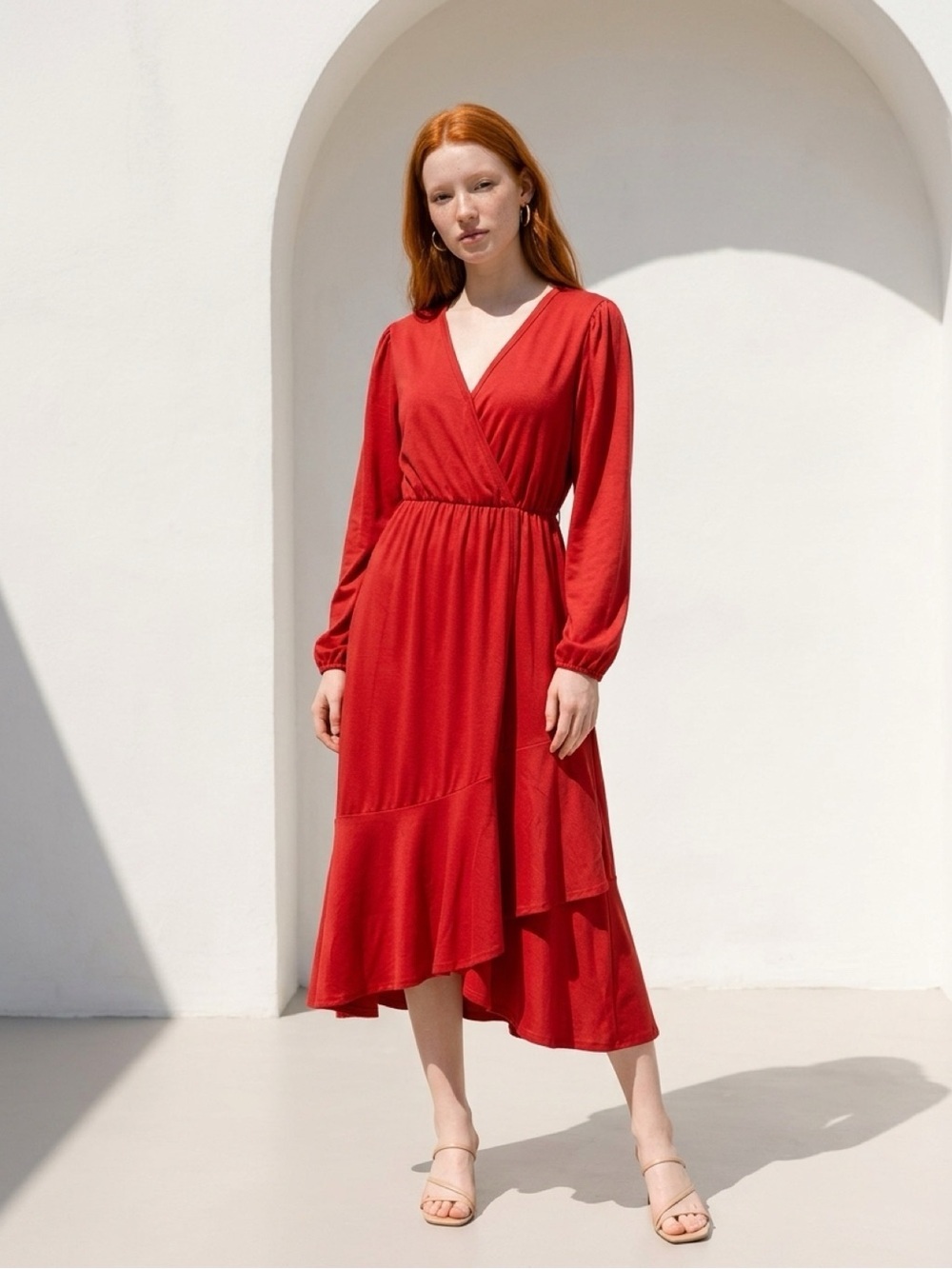 Orange V-Neck Long Sleeve Midi Dress | Maternity Dress